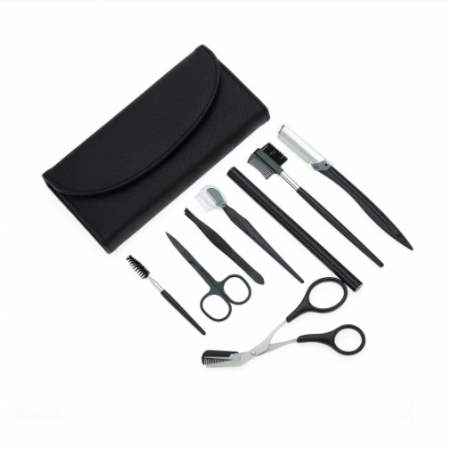 Trusa 8 piese timmer sprancene, stilizare , penseta, multiple forfecute, pieptene, trimmer, cu husa neagra de depozitare, Negru [3]
