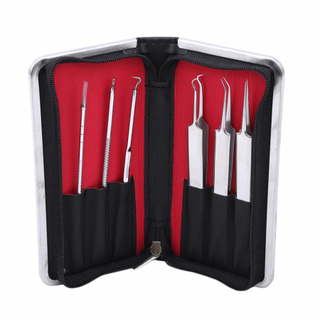 Beauty - Trusa pentru extractia punctelor negre si a cosurilor, 6 piese, inox , husa din piele ecologica, Neagra