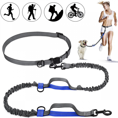 Lesa de brau reglabila, hands free pentru plimbat, alergat, jogging, drumetii cu cainele, Negru Albastru, 1.8 m lungime [3]
