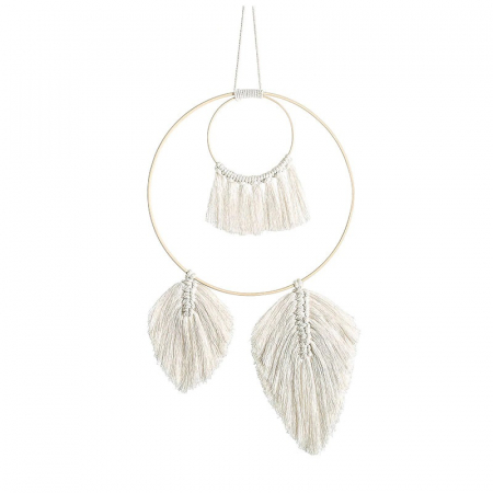 Accesorii decorative BOHO - Decoratiune perete Circle night din Macrame 70x30 cm cu suport de lemn , Textil Crem, Boho, dream catcher