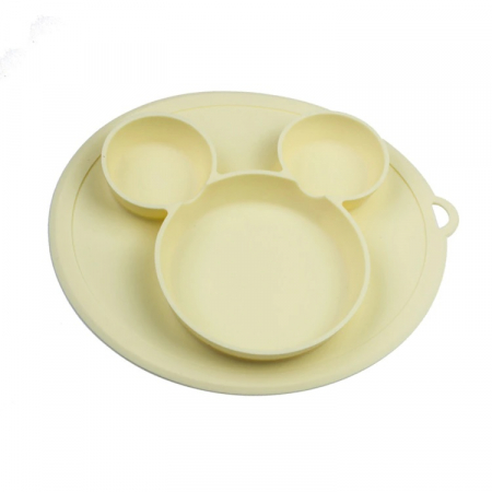 Farfurii silicon - Farfurie silicon pentru bebelusi, Mickey, Galben pal , Antiderapanta , diversificare , blw +6 luni