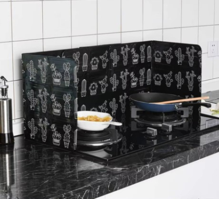 Set 2 Paravane Pliabile din Aluminiu, Negru cu Imprimeu, pentru aragaz, portabil, anti-stropi, protectie ampla, 84 x 32,5 cm [5]