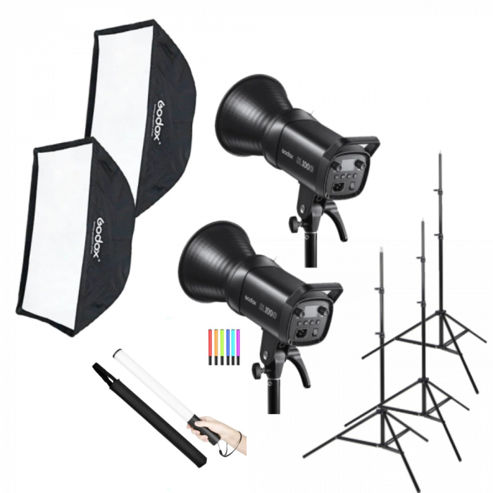Godox KIT SL100D LED 5600K x 2 cu softbox, stativ si LED RGB [1]