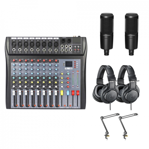 Microfoane - Kit Podcast: Mixer audio 8 canale + 2 x microfoane AT2020 + 2 x Audio-Technica ATH-M20X + 2 x brat cadou