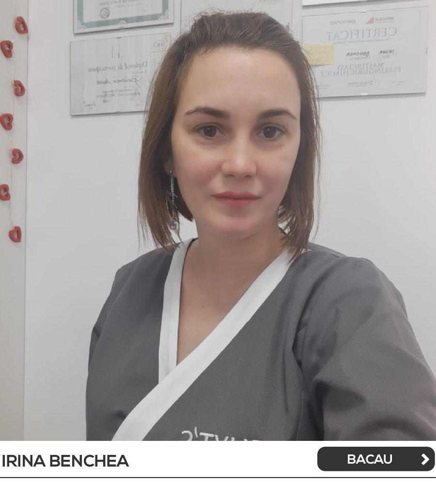 <h5>NATURO-ESTETICIAN certificat PHYT’S France</h5><br /><strong><a href="https://bit.ly/Irina-Benchea-Bacau"><u>Link acces Formular Diagnoza on-line</u></a></strong><br><a href="https://www.facebook.com/coquettebacau//"><img alt="Imagini pentru facebook" src="https://upload.wikimedia.org/wikipedia/commons/thumb/8/83/Facebook_Messenger_4_Logo.svg/1200px-Facebook_Messenger_4_Logo.svg.png" style="width: 20px; height: 20px; float: center; margin-left: 5px; margin-right: 5px;" /></a><a href="https://www.facebook.com/coquettebacau/">Scrie pe Facebook</a><br><img alt="" src="https://www.phytsromania.ro/domains/phytsromania.ro/files/files/consultanti/phone-icon.png" style="margin: 0px 5px; float: center; width: 20px; height: 20px;" />0752 344 667<br>COD VOUCHER DISCOUNT: <b>COQUETTE</b><br><br>