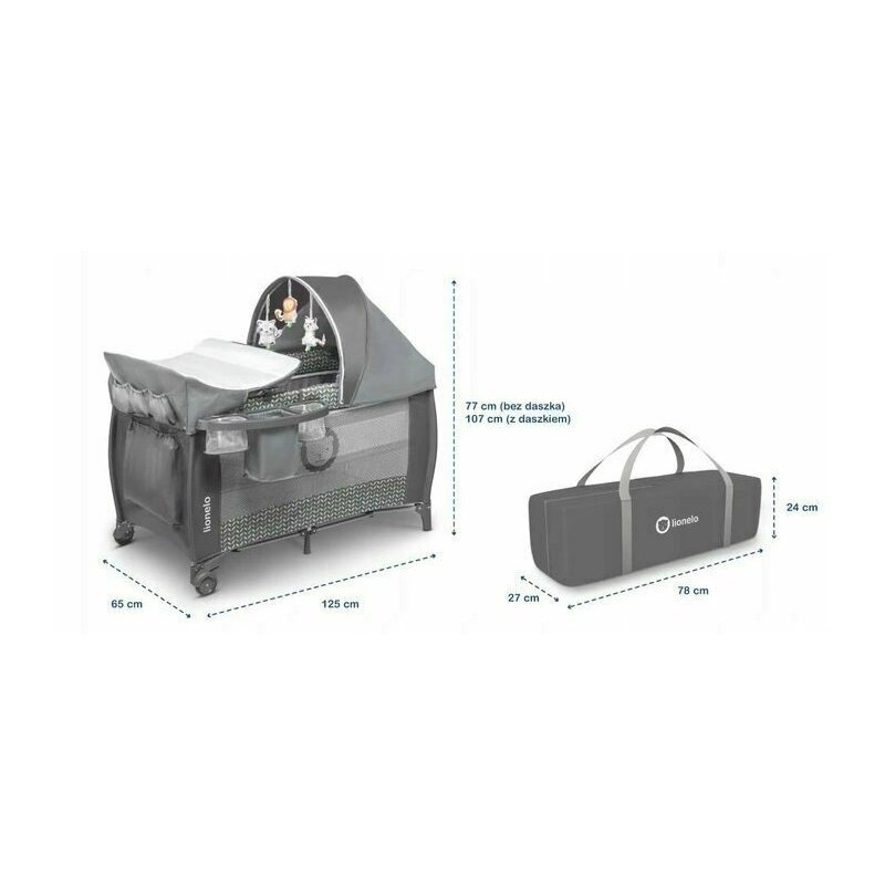 Lionelo - Patut pliant cu doua nivele Sven Plus, 120x60 cm, arcada jucarii, masuta de infasat, vibratii, melodii, conform cu standardele europeane de securitate EN716 si EN12221, Grey Scandi [10]