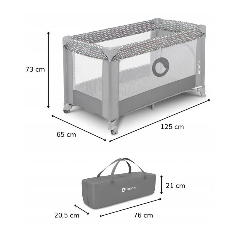Lionelo - Patut pliant cu un nivel Stefi, Cu intrare laterala cu fermoar, 2 roti, 120x60 cm, Conform cu standardul european de securitate EN 716, Grey [4]