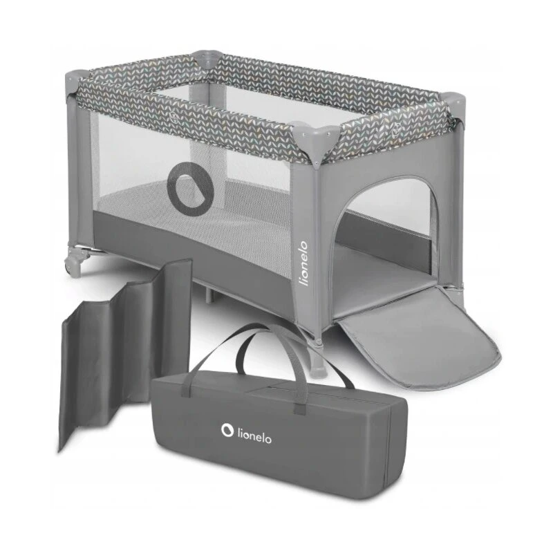 Lionelo - Patut pliant cu un nivel Stefi, Cu intrare laterala cu fermoar, 2 roti, 120x60 cm, Conform cu standardul european de securitate EN 716, Grey [6]