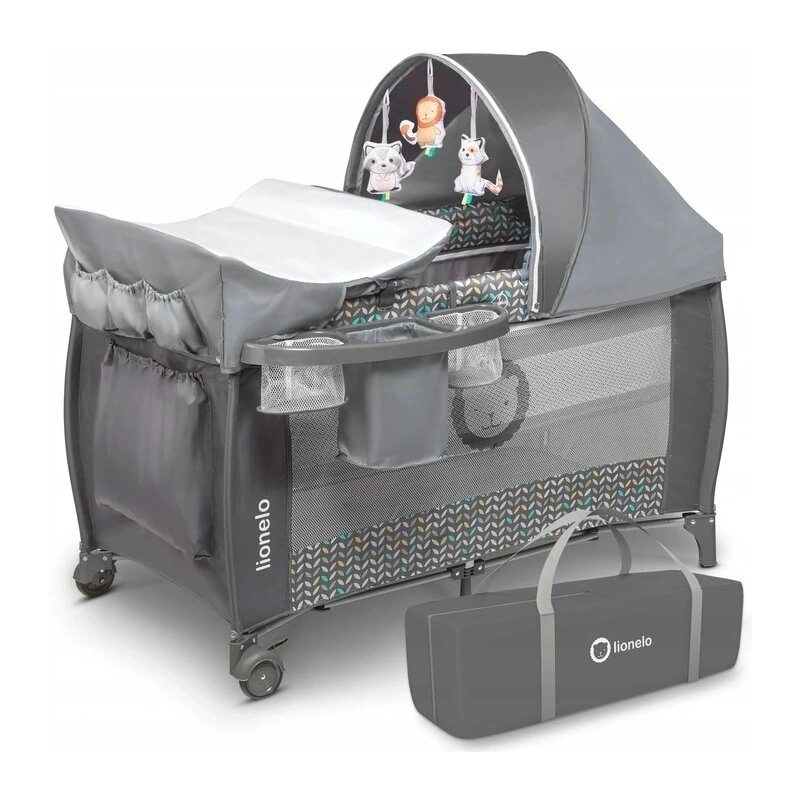 Lionelo - Patut pliant cu doua nivele Sven Plus, 120x60 cm, arcada jucarii, masuta de infasat, vibratii, melodii, conform cu standardele europeane de securitate EN716 si EN12221, Grey Scandi [9]