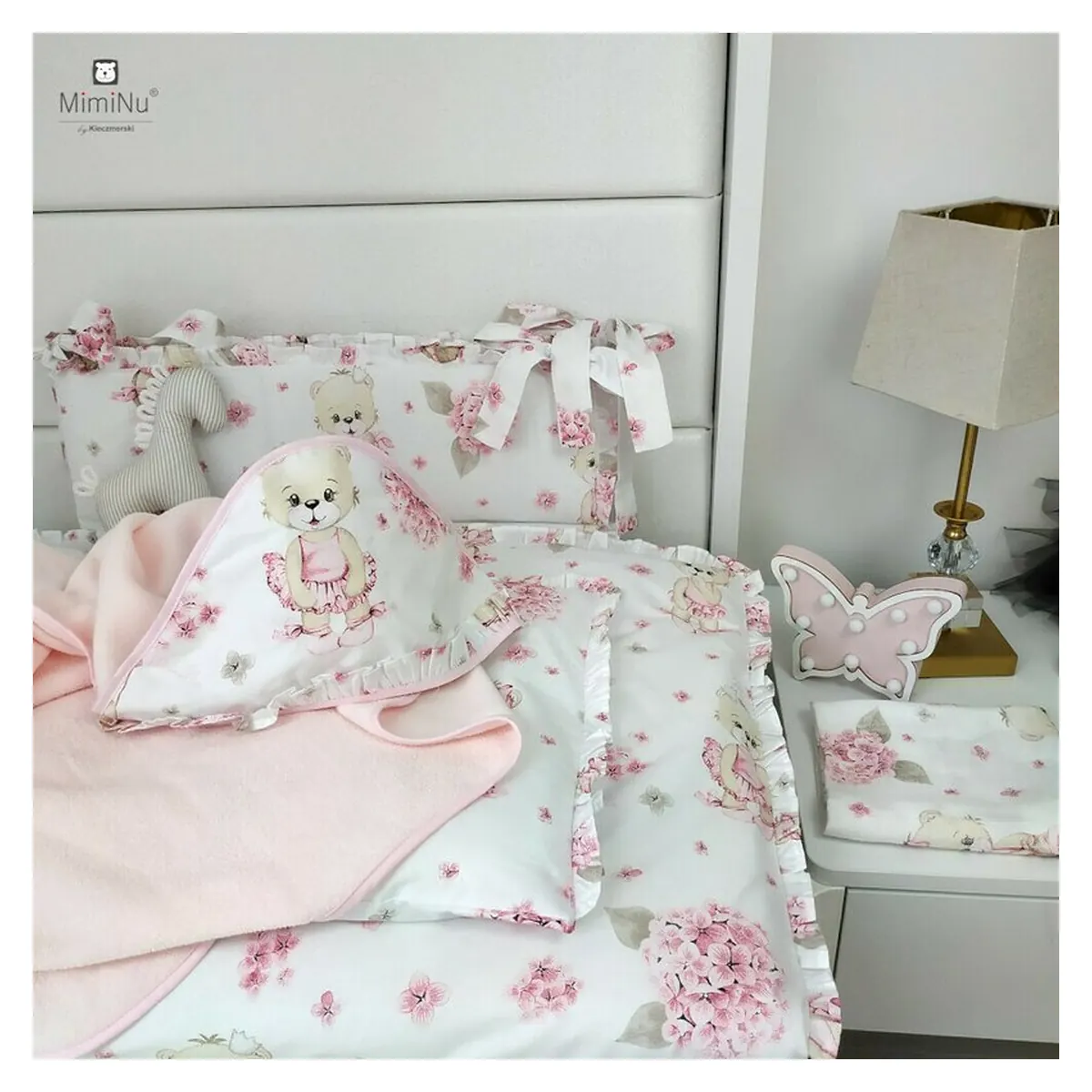 Aparatoare pentru patut, MimiNu, bumbac, 180x30 cm, Cu volanase si panglici, Pink Ballerina [3]