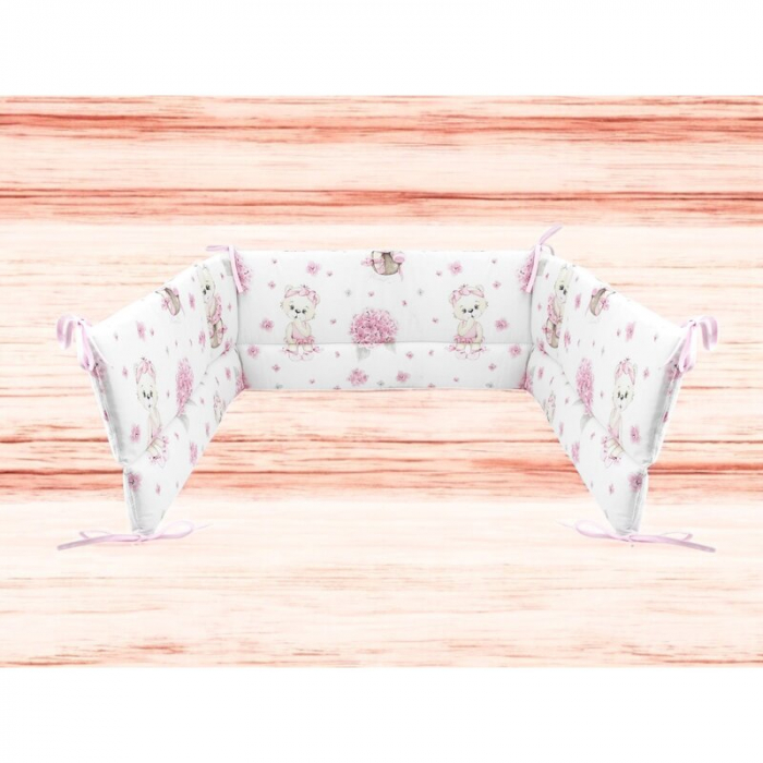 Aparatoare pentru patut, MimiNu, bumbac, 180x30 cm, Cu volanase si panglici, Pink Ballerina [2]