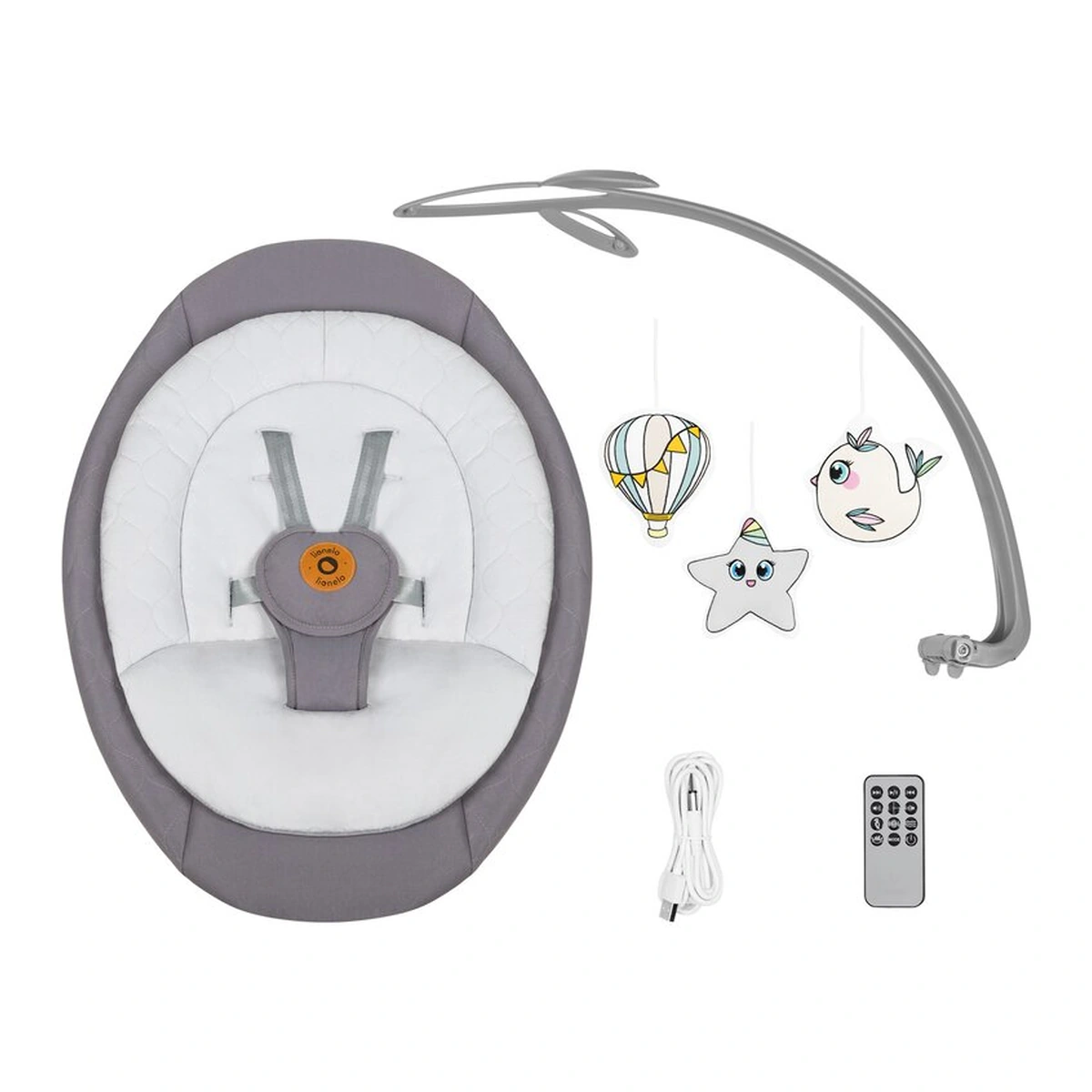 Balansoar, Lionelo, Mell, 2 in 1, Rotire 360 grade, Electric, Cu 3 moduri de leganare, Cu 5 trepte de viteza, Cu 3 pozitii de inclinare, Cu timer, 12 melodii si 2 sunete ale naturii, Pana la 9 kg, Gri [21]