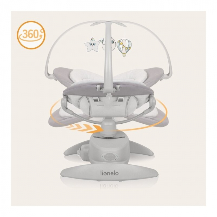 Balansoar, Lionelo, Mell, 2 in 1, Rotire 360 grade, Electric, Cu 3 moduri de leganare, Cu 5 trepte de viteza, Cu 3 pozitii de inclinare, Cu timer, 12 melodii si 2 sunete ale naturii, Pana la 9 kg, Gri [12]