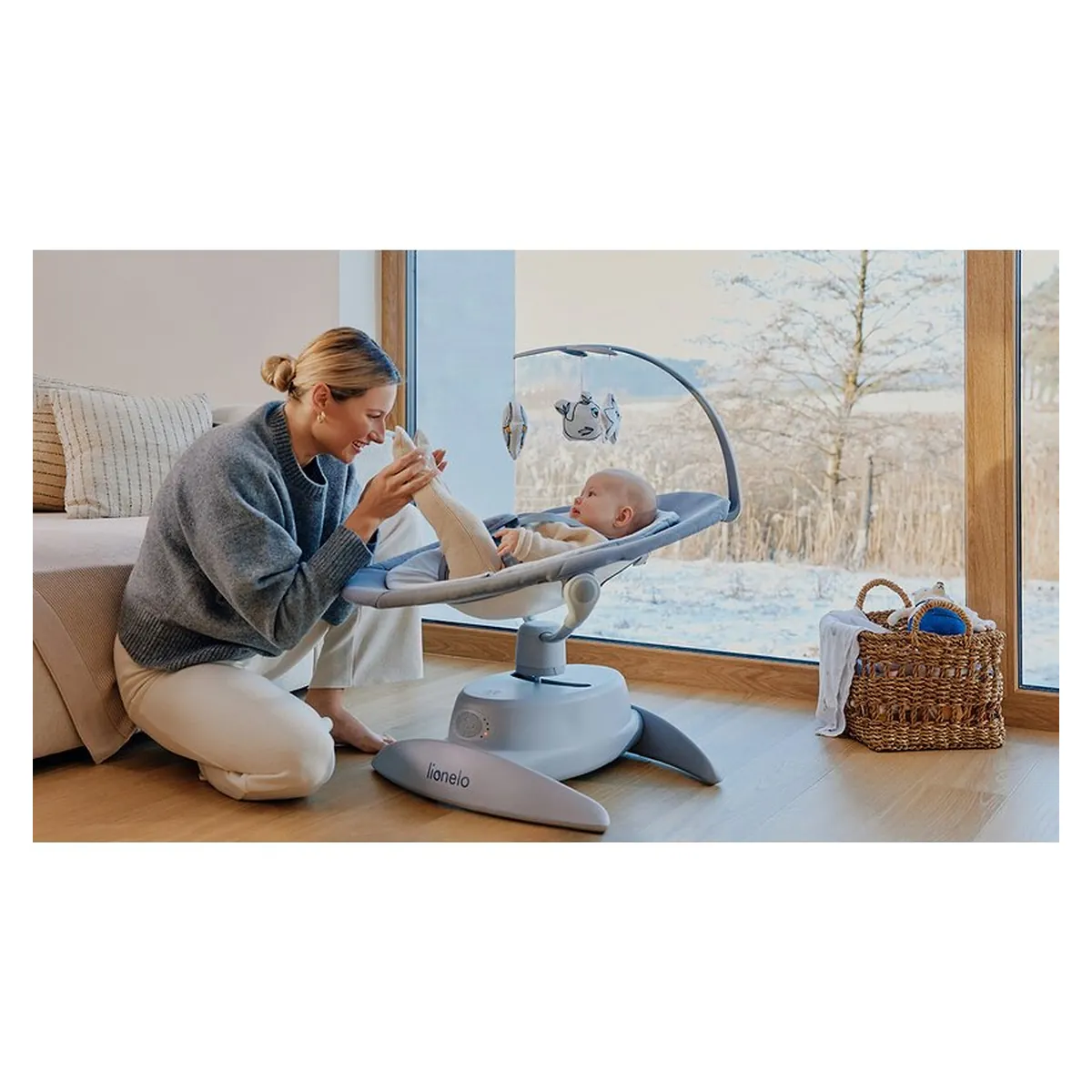 Balansoar, Lionelo, Mell, 2 in 1, Rotire 360 grade, Electric, Cu 3 moduri de leganare, Cu 5 trepte de viteza, Cu 3 pozitii de inclinare, Cu timer, 12 melodii si 2 sunete ale naturii, Pana la 9 kg, Gri [22]