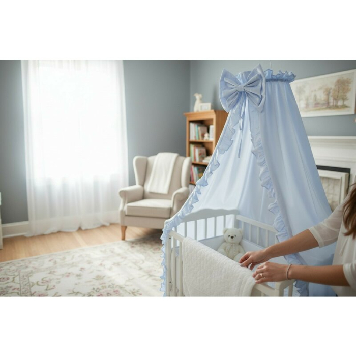 Baldachin, MimiNu, Pentru patut, Cu funda si volanas, 210x145 cm, Material certificat Oeko Tex Standard 100, Colectia [3]