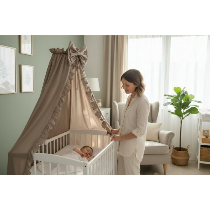 Baldachin, MimiNu, Pentru patut, Cu funda si volanas, 210x145 cm, Material certificat Oeko Tex Standard 100, Colectia [2]