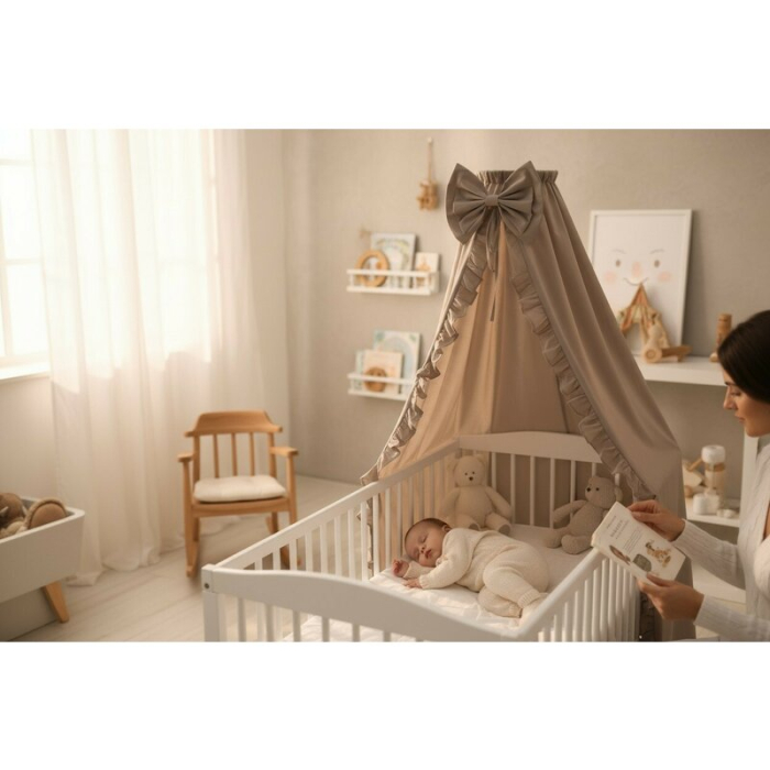 Baldachin, MimiNu, Pentru patut, Cu funda si volanas, 210x145 cm, Material certificat Oeko Tex Standard 100, Colectia [3]