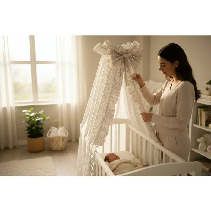 Baldachin, MimiNu, Premium, Pentru patut, Cu funda si volanas, 210x145 cm, Material certificat Oeko Tex Standard 100, [2]