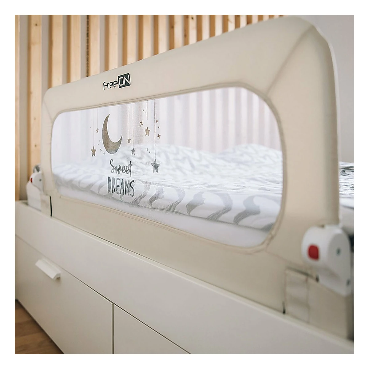Bariera de protectie pentru pat bebe, Rabatabila, 135 x 57 cm, FreeON, Sweet Dreams, Light Beige [4]