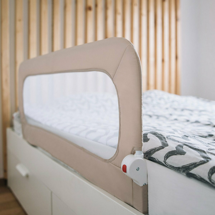 Bariera de protectie pentru pat bebe, Rabatabila, Instalare usoara, Dimensiune 135 x 57 cm, FreeON, Little Dots, Beige [5]