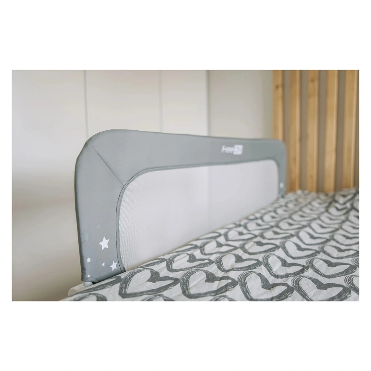 Bariera de protectie pentru pat bebe, Rabatabila, Instalare usoara, Dimensiune 135 x 57 cm, FreeON, Little Stars, Grey [2]
