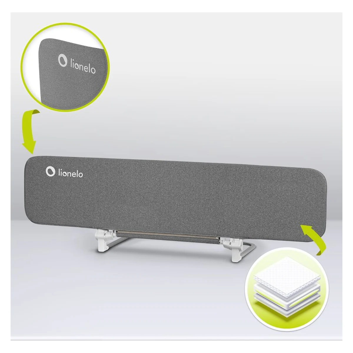 Bariera de protectie pentru pat, Lionelo, Lora XL, Pliabila, Sistem de blocare StandSafe, Geanta de transport inclusa, 150x46 cm, Gri [15]