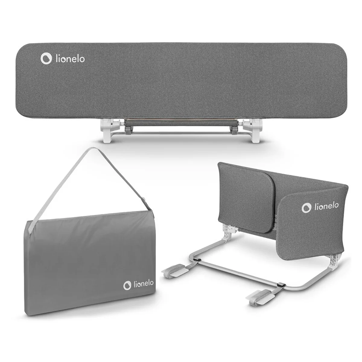 Bariera de protectie pentru pat, Lionelo, Lora XL, Pliabila, Sistem de blocare StandSafe, Geanta de transport inclusa, 150x46 cm, Gri [19]