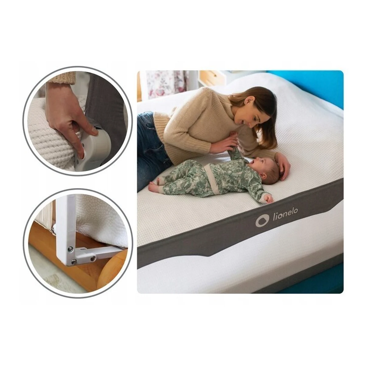 Lionelo - Bariera protectie pat Hanna , Cu buzunar accesorii, 150x66 cm, Conform cu standardul european de securitate BS7072, Gri [15]