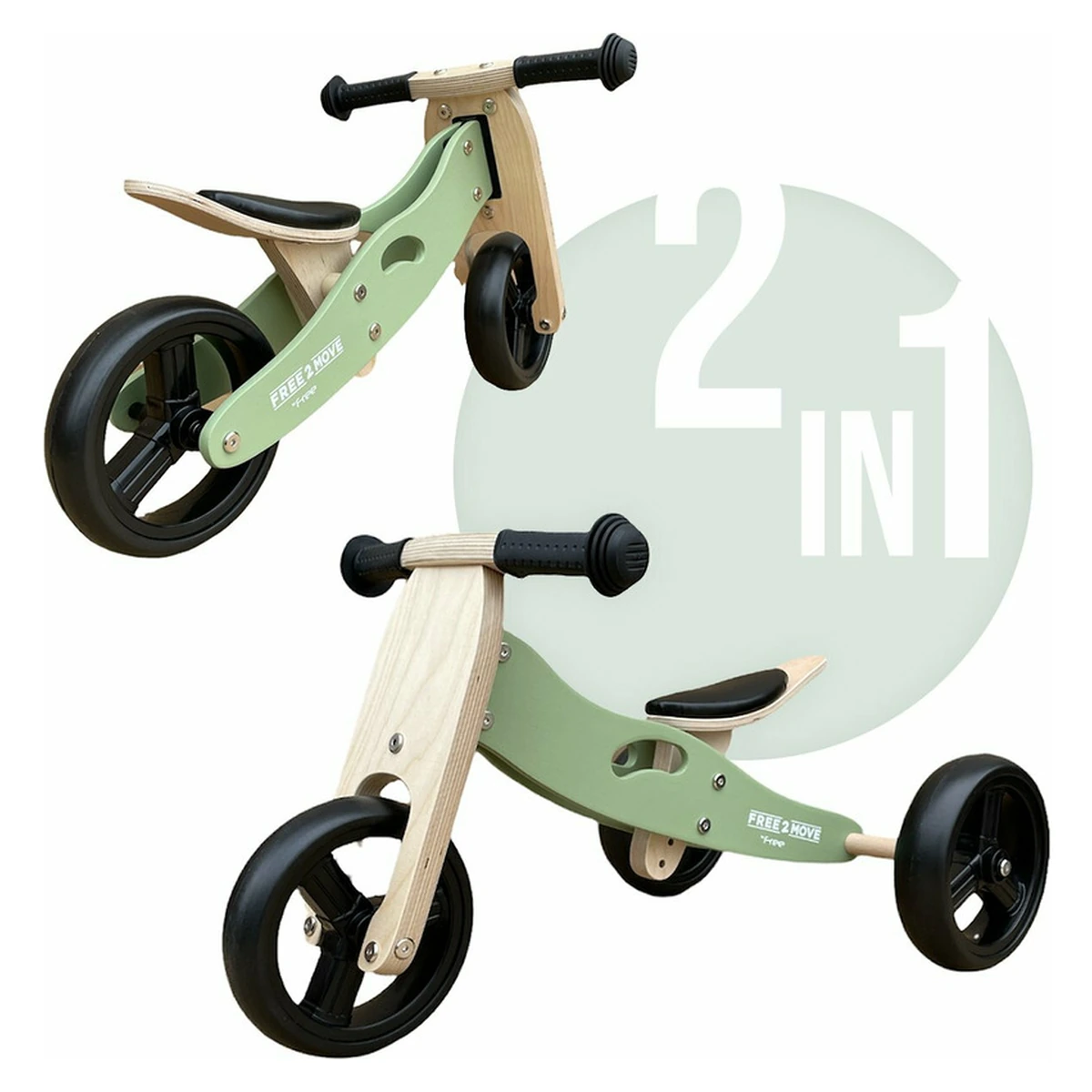 Bicicleta/tricicleta fara pedale, Free2Move, Din lemn, 2 in 1, Functie de bicicleta echilibru, 1-3 ani, Mint [2]