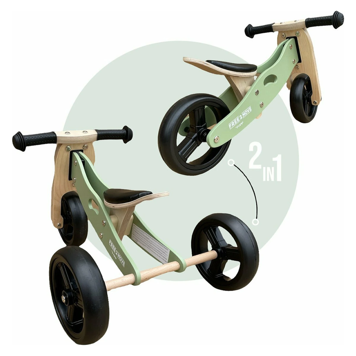 Bicicleta/tricicleta fara pedale, Free2Move, Din lemn, 2 in 1, Functie de bicicleta echilibru, 1-3 ani, Mint [3]