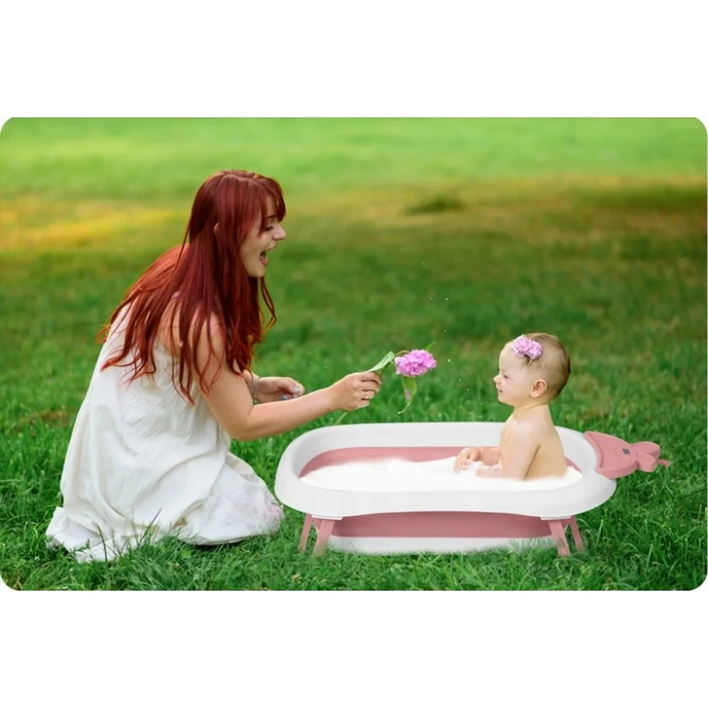 Cadita de baie pliabila, cu dop de scurgere si termometru, Ricokids - Roz [7]