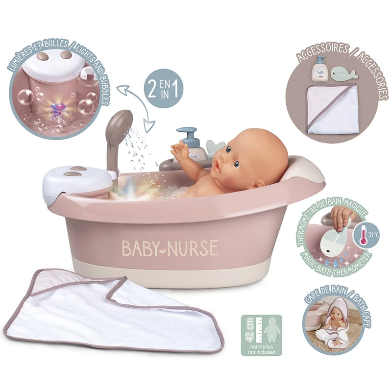 Cadita pentru papusa Smoby Baby Nurse Baleno Bath roz cu accesorii [5]