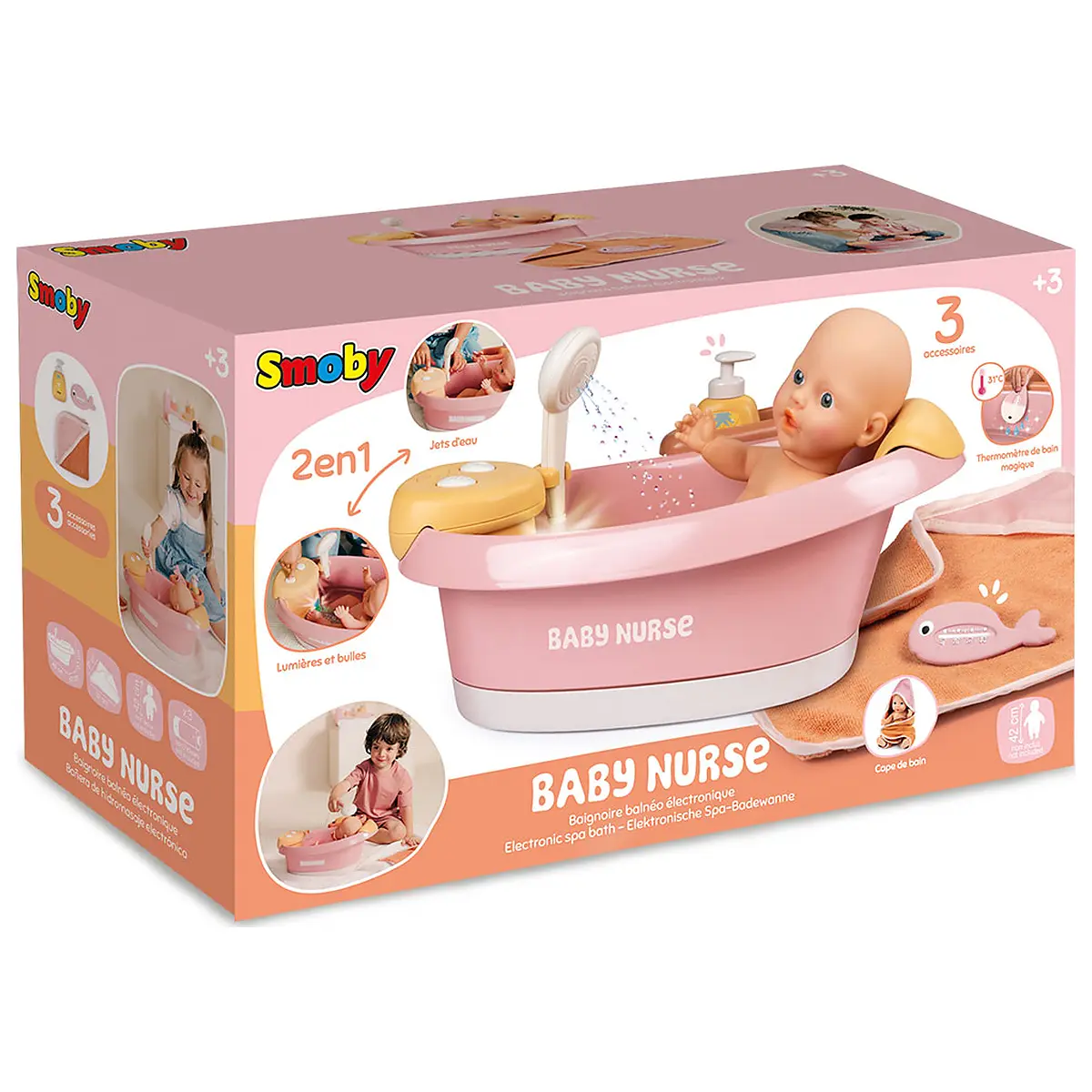 Cadita pentru papusa Smoby Baby Nurse Balneo Bath roz cu 3 accesorii [6]