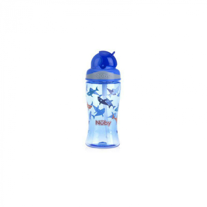 Cana cu pai, Nuby, Cu pai moale Din silicon, 360 ml, 4+ ani, Albastru [2]
