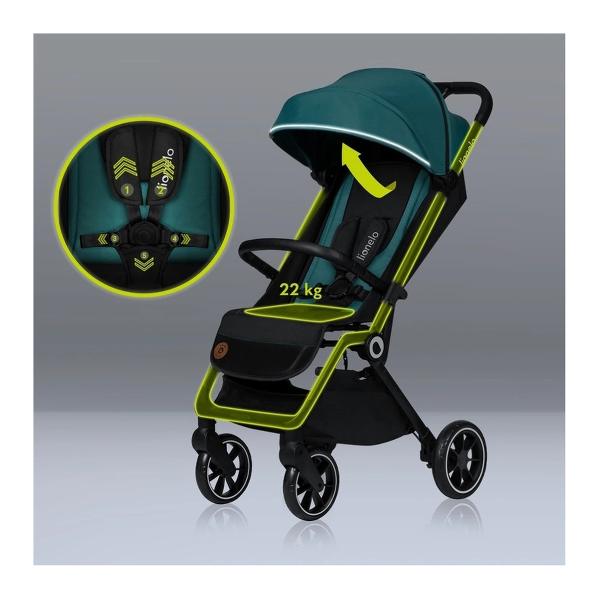 Carucior sport, Lionelo, Cloe, Cu accesorii, Pliere compacta pentru avion, cu o singura mana, 6 luni+, Verde Smarald [9]