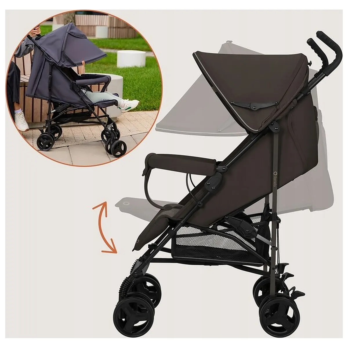 Carucior sport, Lionelo, Elia, Cu plasa de tantari, Suport de picioare reglabil, Spatar ajustabil in 4 pozitii, Capotina XXL, Pliere tip umbrela, Capacitate 15 kg, 6 luni+, Maro [15]