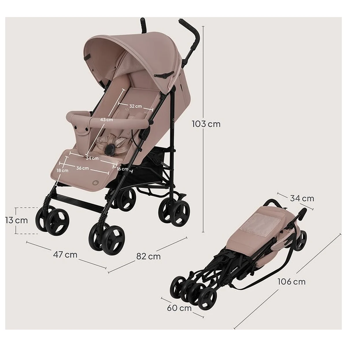 Carucior sport, Lionelo, Elia, Cu plasa de tantari, Suport de picioare reglabil, Spatar ajustabil in 4 pozitii, Capotina XXL, Pliere tip umbrela, Capacitate 15 kg, 6 luni+, Bej Taupe [13]