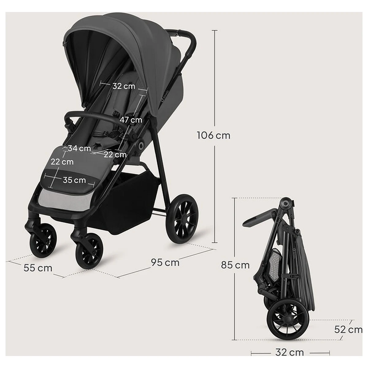 Carucior sport, Lionelo, Emerald, Pliere cu o mana, Copertina XXL UPF50+, Spatar reglabil, Suspensie completa, Roti EVA, 6- 48 luni, Pana la 22 kg, Gri [22]