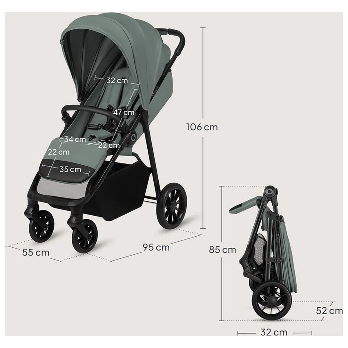 Carucior sport, Lionelo, Emerald, Pliere cu o mana, Copertina XXL UPF50+, Spatar reglabil, Suspensie completa, Roti EVA, 6- 48 luni, Pana la 22 kg, Verde [21]
