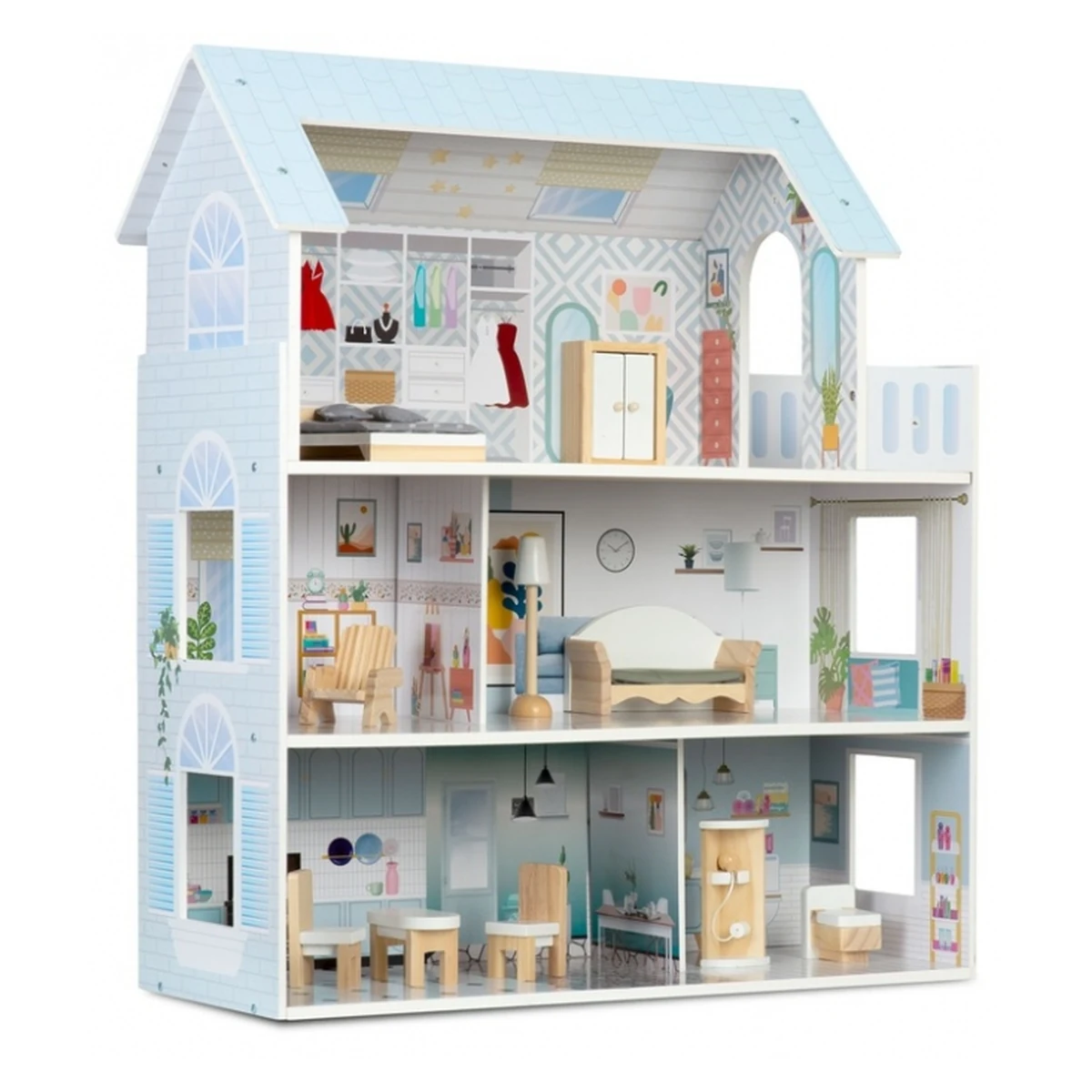 Casuta de papusi lemn Ricokids 3 etaje Albastru deschis [2]