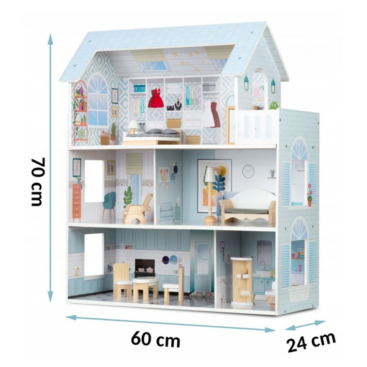 Casuta de papusi lemn Ricokids 3 etaje Albastru deschis [8]