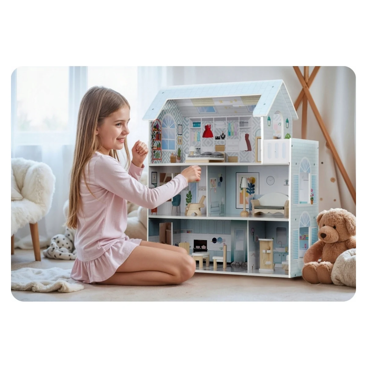 Casuta de papusi lemn Ricokids 3 etaje Albastru deschis [4]