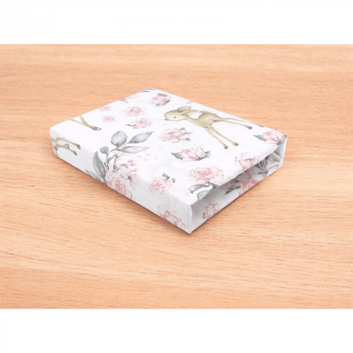 Cearceaf cu elastic, MimiNu, Pentru patut leagan/patut co-sleeper, 90x40 cm, bumbac, Sweet Deer Pink  [2]