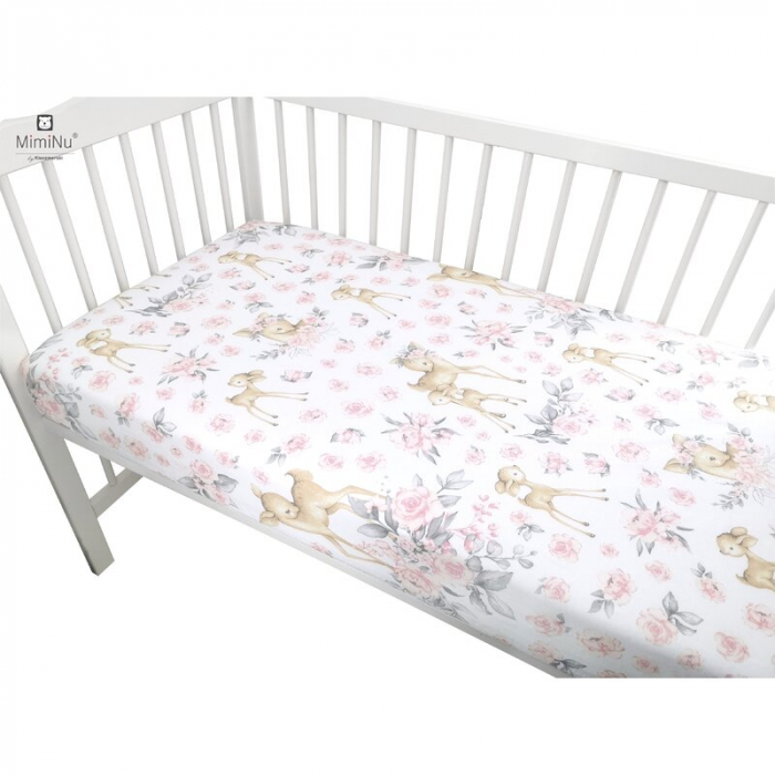 Cearceaf cu elastic, MimiNu, Pentru patut leagan/patut co-sleeper, 90x40 cm, bumbac, Sweet Deer Pink  [3]