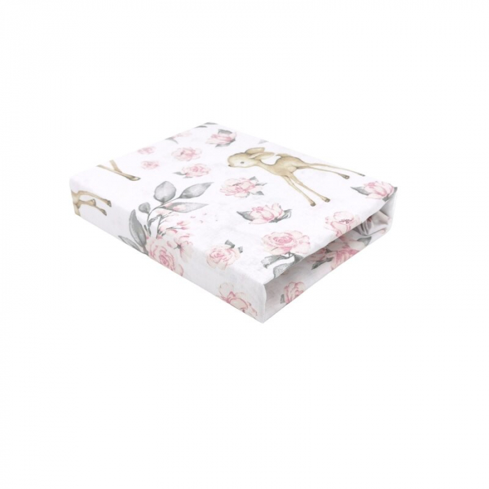 Cearceaf cu elastic, MimiNu, Pentru patut leagan/patut co-sleeper, 90x40 cm, bumbac, Sweet Deer Pink  [1]