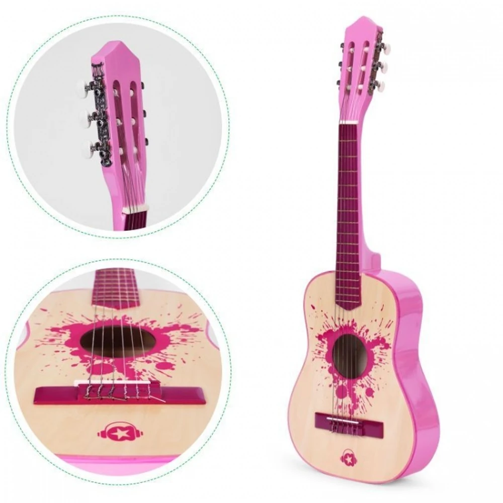 Chitara din lemn pentru copii cu 6 corzi Ecotoys, 76 X 28 cm - Roz [5]