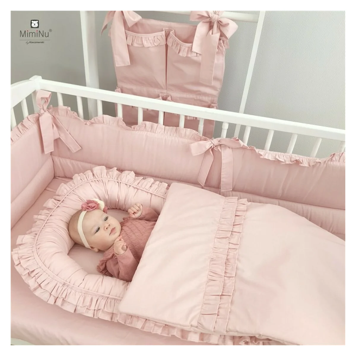 Cosulet bebelus, MimiNu, Baby Nest 55 x 75 cm, Cu Volanase, Husa 100% bumbac, Colectia Royal, Powder Pink [4]