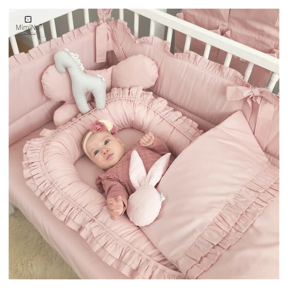 Cosulet bebelus, MimiNu, Baby Nest 55 x 75 cm, Cu Volanase, Husa 100% bumbac, Colectia Royal, Powder Pink [3]