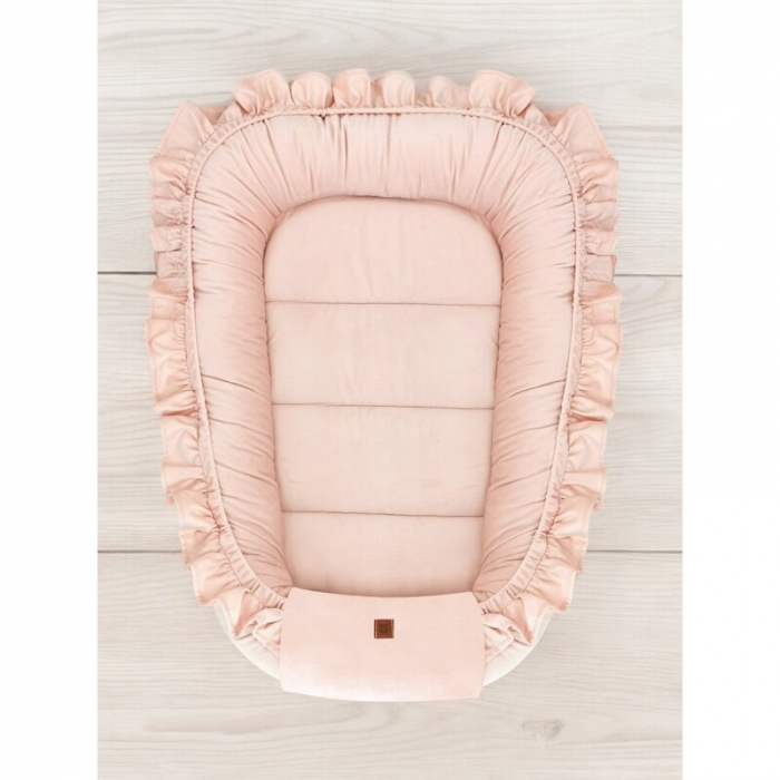 Cosulet bebelus, MimiNu, Pentru dormit, Baby Nest 55 x 75 cm, Cu Volanase, Din catifea, Magnolia [2]