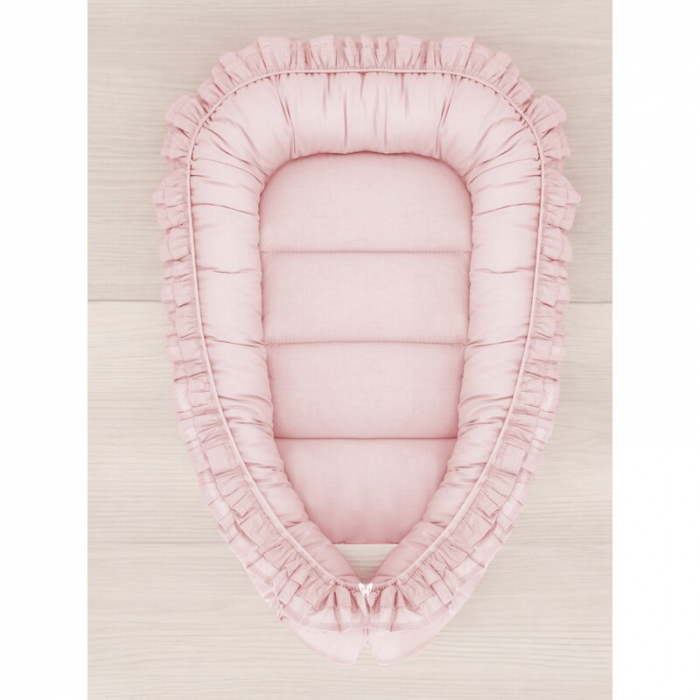 Cosulet bebelus, MimiNu, Baby Nest 55 x 75 cm, Cu Volanase, Husa 100% bumbac, Colectia Royal, Powder Pink [2]